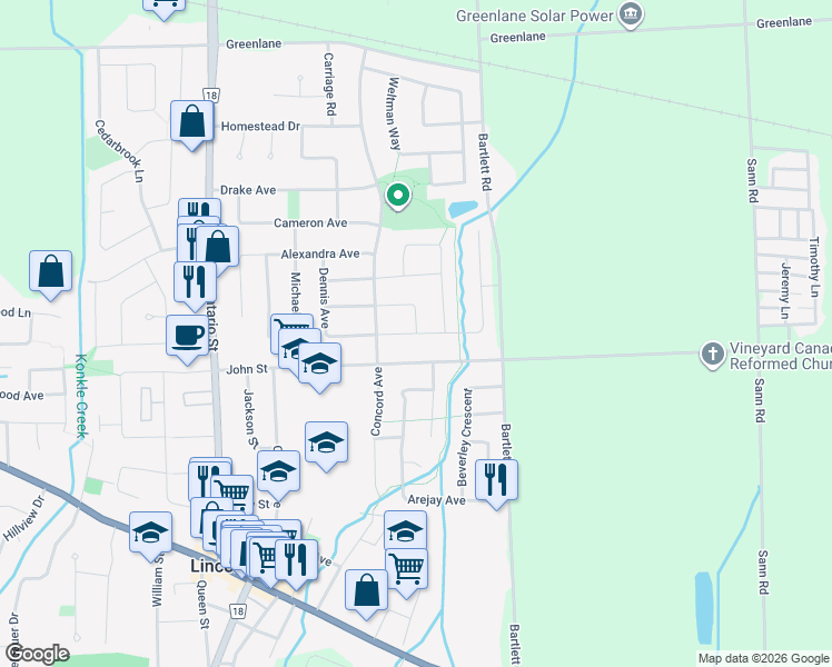 map of restaurants, bars, coffee shops, grocery stores, and more near Dennis Avenue in Lincoln
