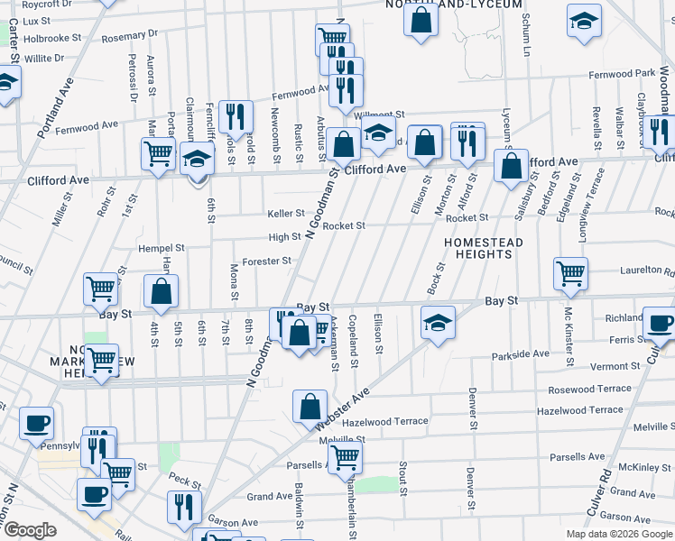 map of restaurants, bars, coffee shops, grocery stores, and more near 93 Baycliff Drive in Rochester