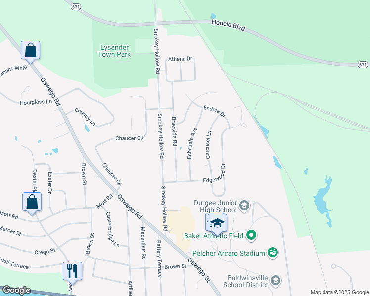 map of restaurants, bars, coffee shops, grocery stores, and more near 21 Echodale Avenue in Baldwinsville