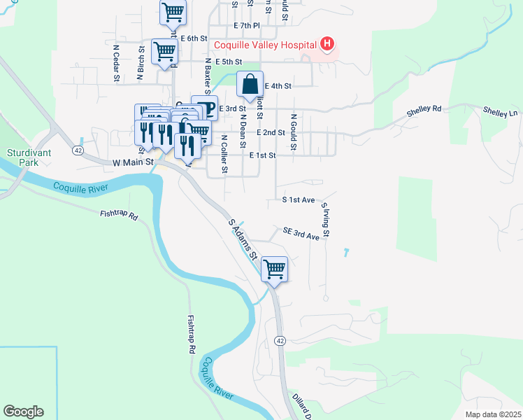 map of restaurants, bars, coffee shops, grocery stores, and more near 562 South 1st Avenue in Coquille