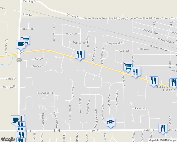 map of restaurants, bars, coffee shops, grocery stores, and more near 58 Country Gables Circle in Rochester