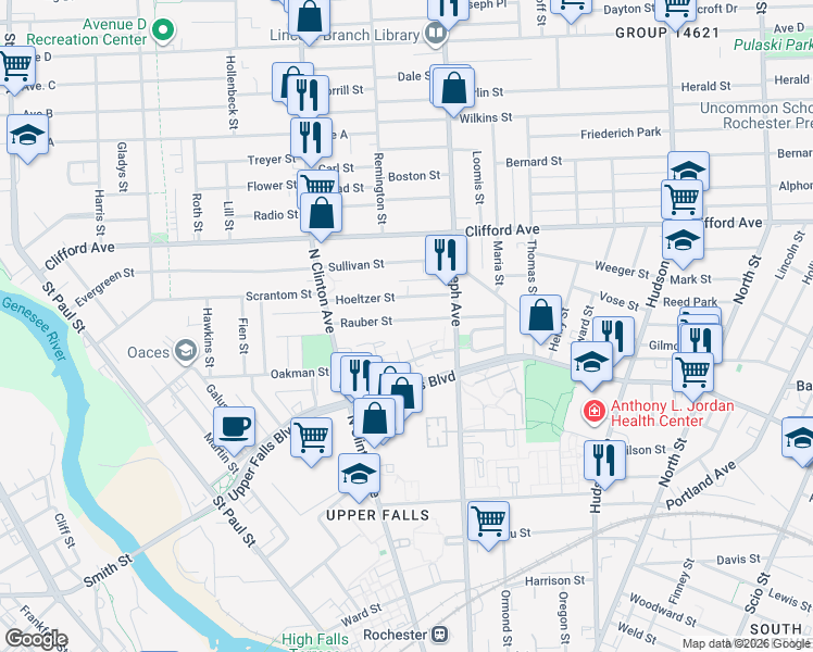 map of restaurants, bars, coffee shops, grocery stores, and more near 35 Hoeltzer Street in Rochester