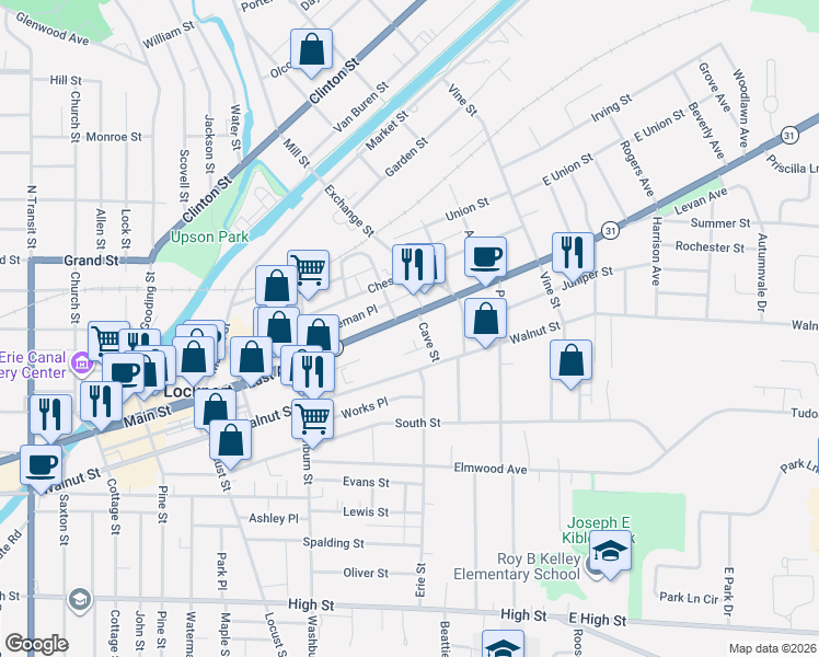 map of restaurants, bars, coffee shops, grocery stores, and more near 186 East Avenue in Lockport