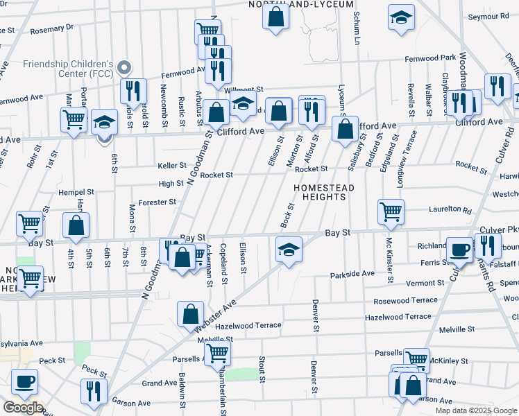 map of restaurants, bars, coffee shops, grocery stores, and more near 83 Morton Street in Rochester