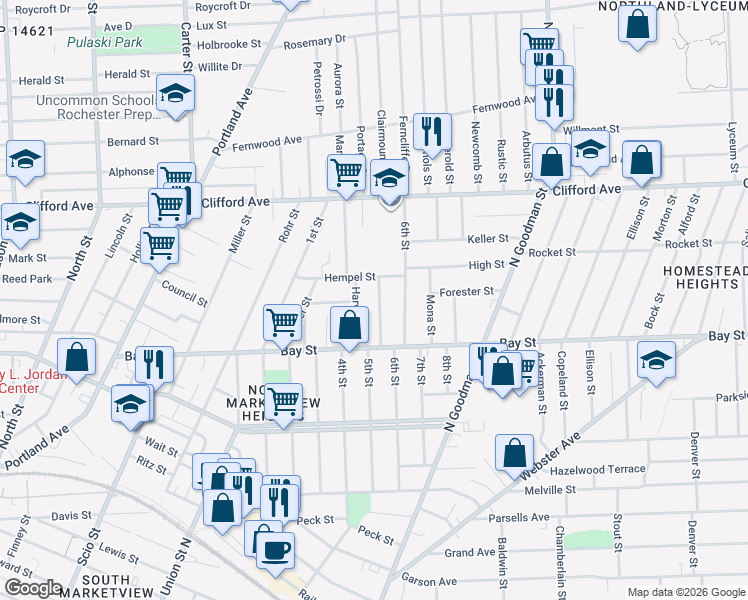 map of restaurants, bars, coffee shops, grocery stores, and more near 131 Hempel Street in Rochester