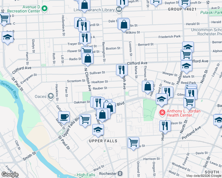 map of restaurants, bars, coffee shops, grocery stores, and more near 35 Hoeltzer Street in Rochester