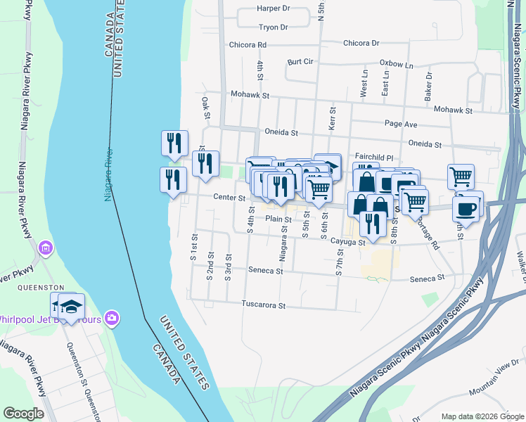 map of restaurants, bars, coffee shops, grocery stores, and more near 424 Center Street in Lewiston