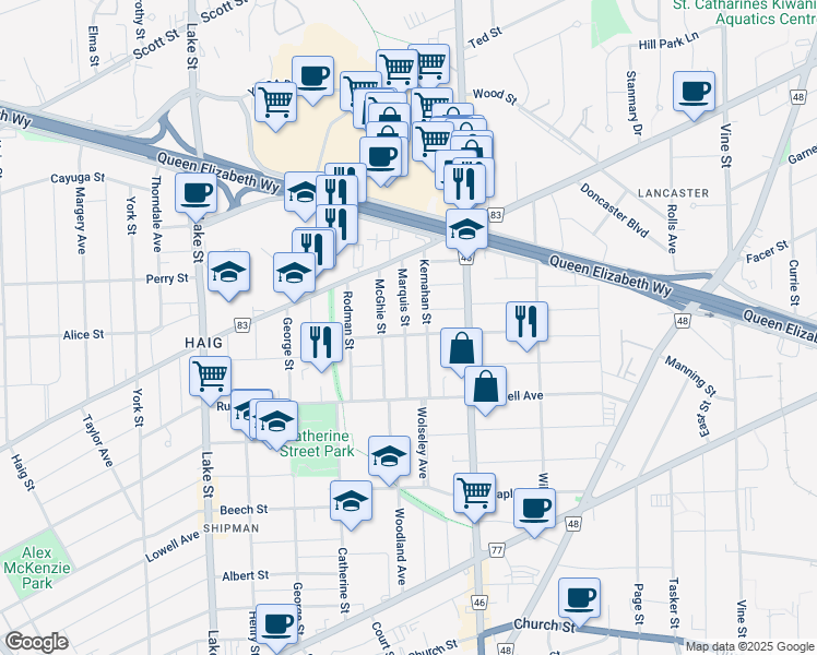 map of restaurants, bars, coffee shops, grocery stores, and more near 31 Marquis Street in St. Catharines