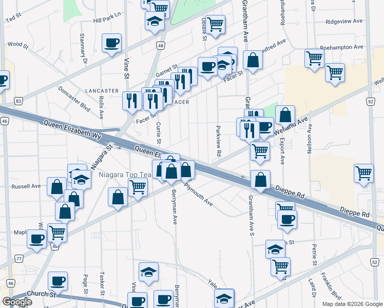 map of restaurants, bars, coffee shops, grocery stores, and more near 16 Saint George Street in St. Catharines
