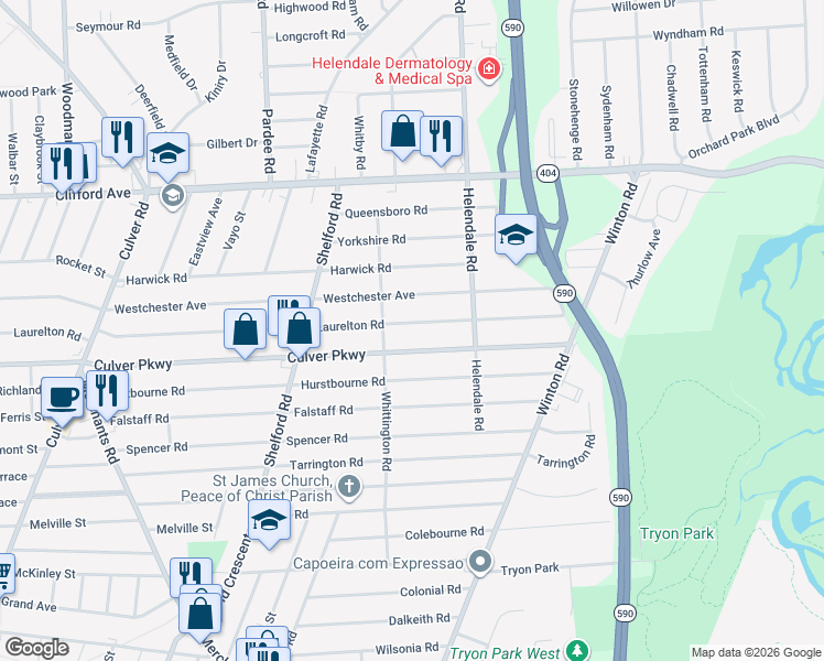 map of restaurants, bars, coffee shops, grocery stores, and more near 608 Laurelton Road in Rochester