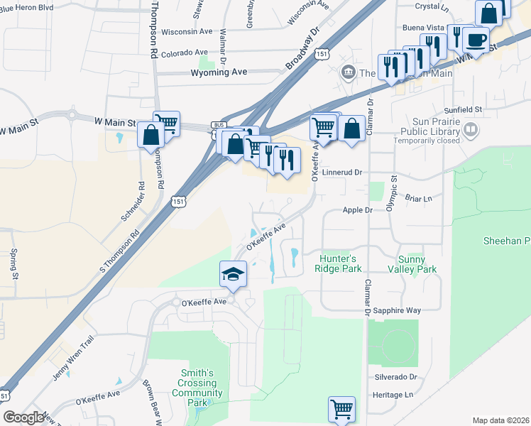 map of restaurants, bars, coffee shops, grocery stores, and more near Garden Drive in Sun Prairie