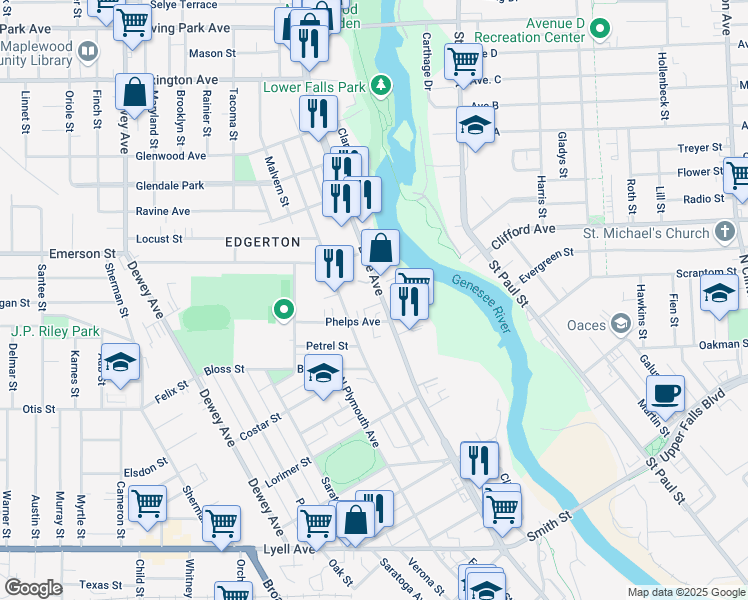 map of restaurants, bars, coffee shops, grocery stores, and more near 425 Lake Avenue in Rochester