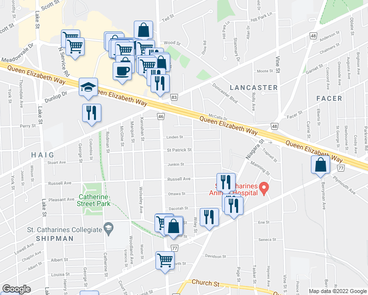 map of restaurants, bars, coffee shops, grocery stores, and more near 69 Saint Patrick Street in Saint Catharines