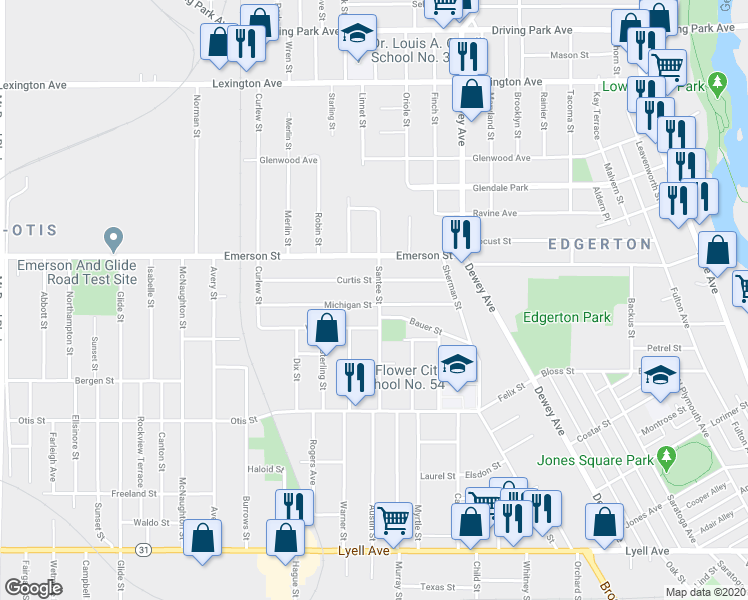 map of restaurants, bars, coffee shops, grocery stores, and more near 161 Santee Street in Rochester