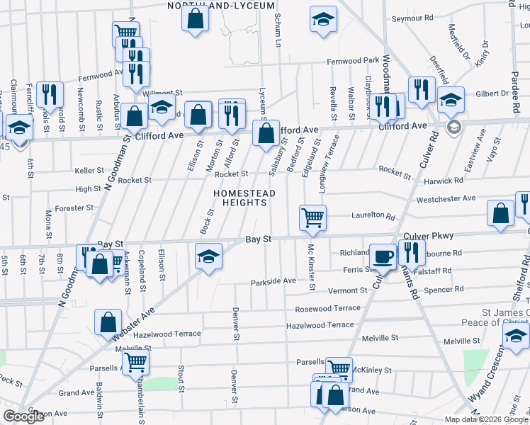 map of restaurants, bars, coffee shops, grocery stores, and more near 73 Salisbury Street in Rochester