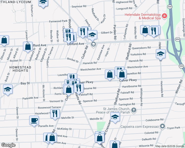 map of restaurants, bars, coffee shops, grocery stores, and more near 272 Laurelton Road in Irondequoit