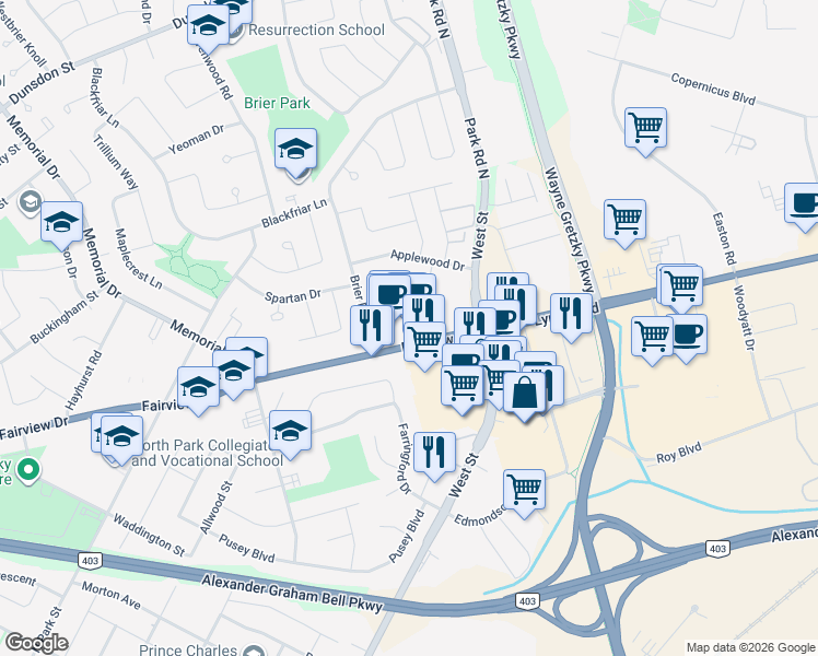 map of restaurants, bars, coffee shops, grocery stores, and more near 415 Fairview Drive in Brantford