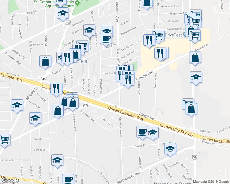map of restaurants, bars, coffee shops, grocery stores, and more near 422 Welland Avenue in St. Catharines