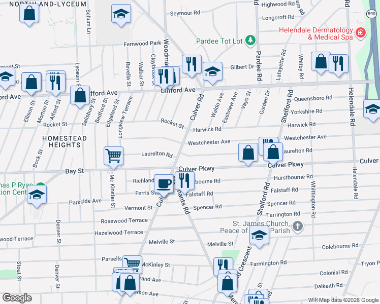 map of restaurants, bars, coffee shops, grocery stores, and more near 201 Westchester Avenue in Rochester