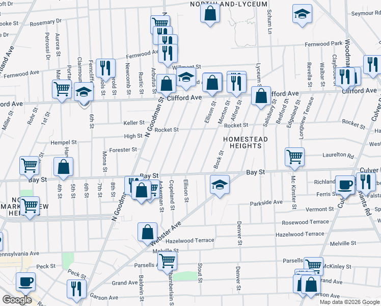 map of restaurants, bars, coffee shops, grocery stores, and more near 96 Cummings Street in Rochester