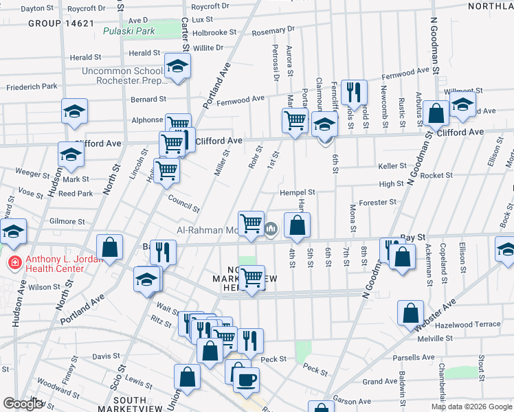 map of restaurants, bars, coffee shops, grocery stores, and more near 315 1st Street in Rochester