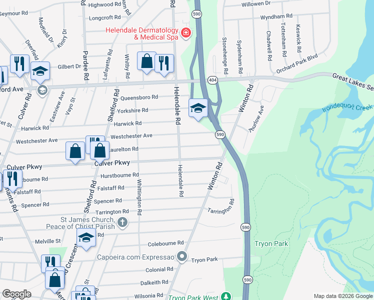 map of restaurants, bars, coffee shops, grocery stores, and more near 714 Laurelton Road in Irondequoit