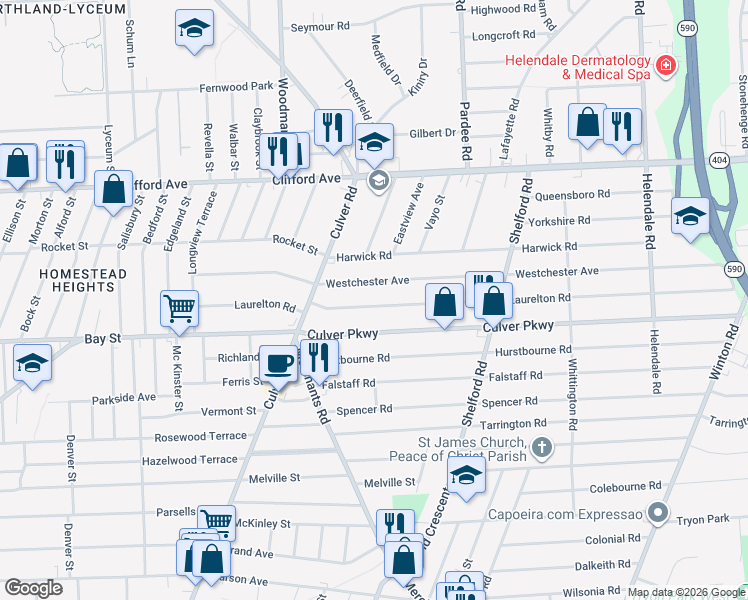 map of restaurants, bars, coffee shops, grocery stores, and more near 301 Westchester Avenue in Rochester