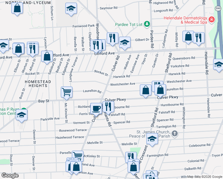 map of restaurants, bars, coffee shops, grocery stores, and more near 201 Westchester Avenue in Rochester