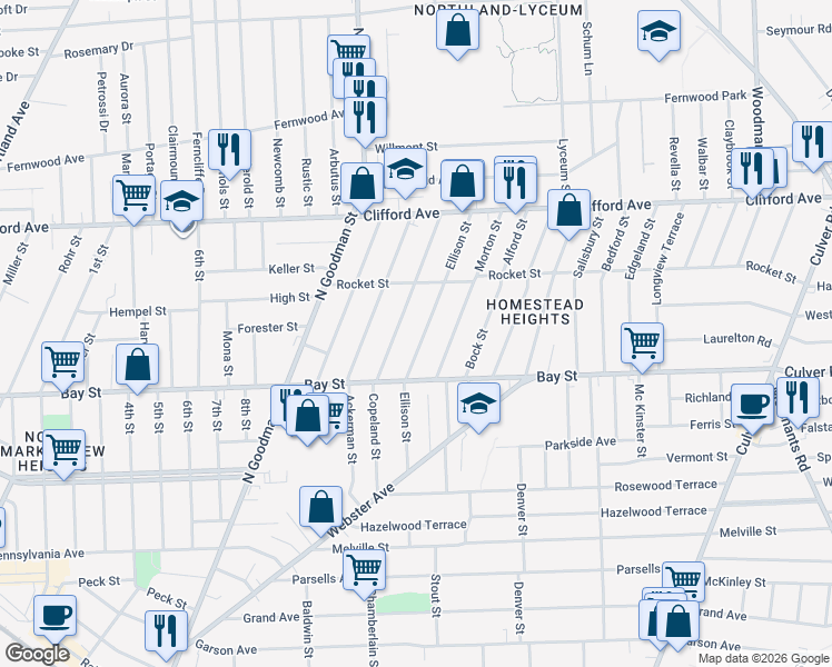 map of restaurants, bars, coffee shops, grocery stores, and more near 96 Cummings Street in Rochester