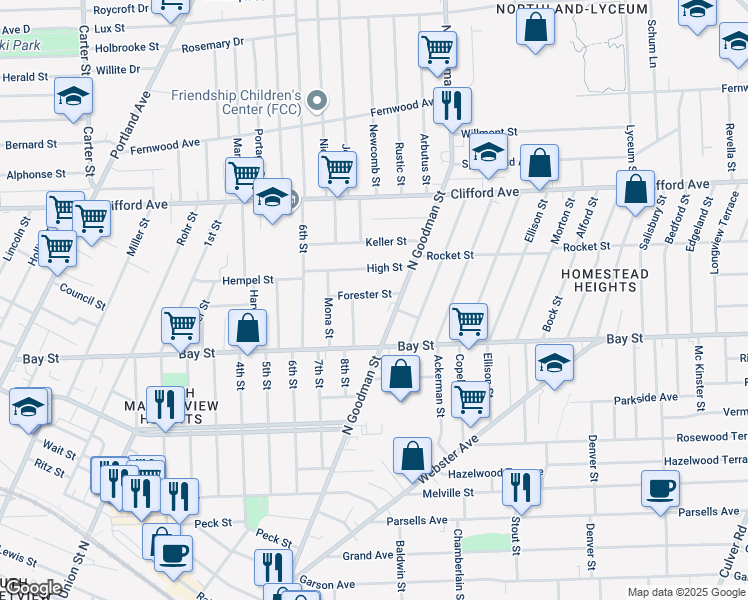 map of restaurants, bars, coffee shops, grocery stores, and more near 20 Forester Street in Rochester