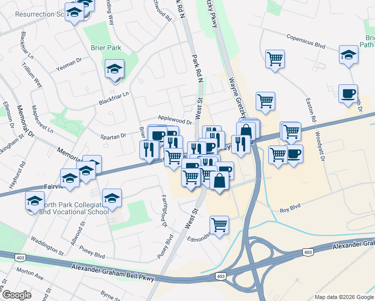 map of restaurants, bars, coffee shops, grocery stores, and more near 640 West Street in Brantford