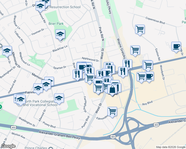 map of restaurants, bars, coffee shops, grocery stores, and more near 415 Fairview Drive in Brantford