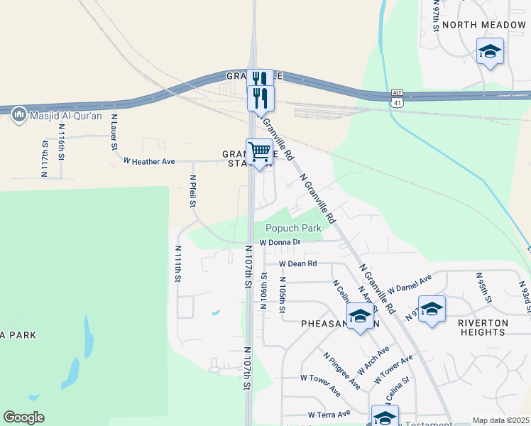 map of restaurants, bars, coffee shops, grocery stores, and more near 8538 North 107th Street in Milwaukee