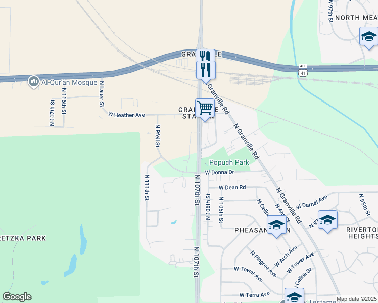 map of restaurants, bars, coffee shops, grocery stores, and more near 8517 North 107th Street in Milwaukee