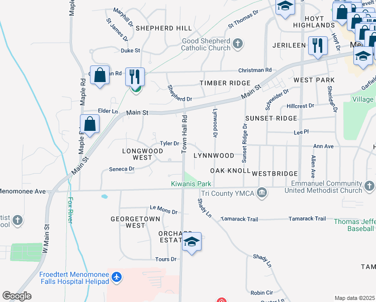 map of restaurants, bars, coffee shops, grocery stores, and more near W179N8568 Village Court in Menomonee Falls
