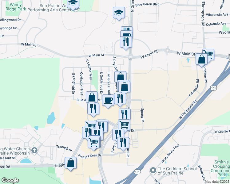 map of restaurants, bars, coffee shops, grocery stores, and more near 338 Pasque Street in Sun Prairie