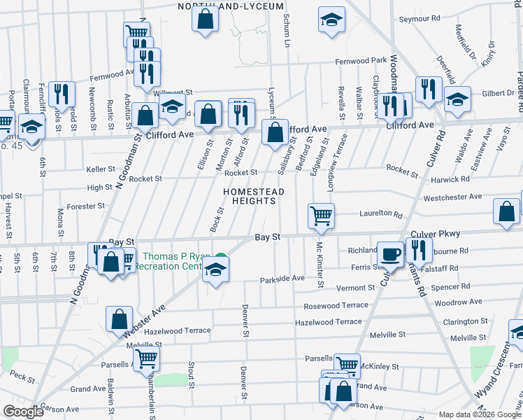 map of restaurants, bars, coffee shops, grocery stores, and more near 73 Salisbury Street in Rochester