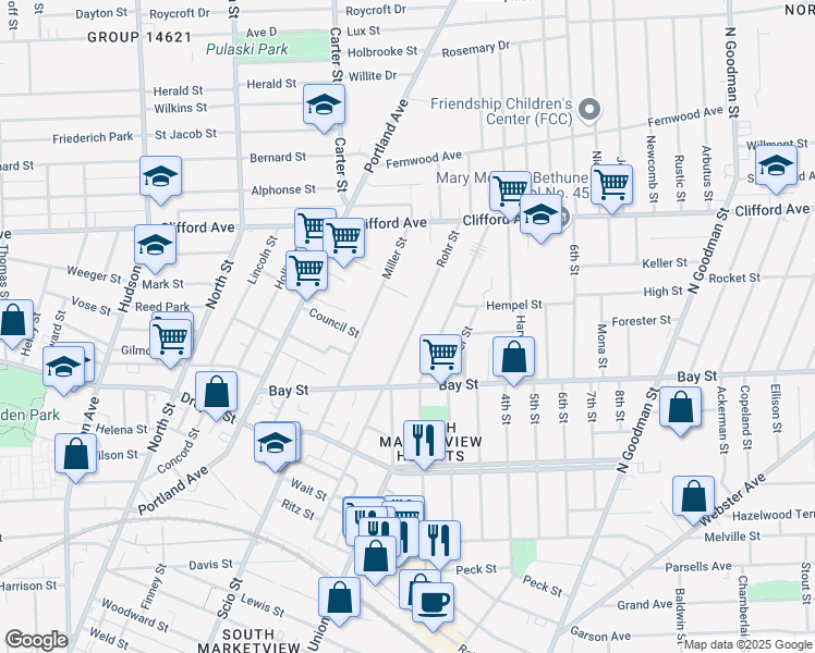 map of restaurants, bars, coffee shops, grocery stores, and more near 87 Rohr Street in Rochester