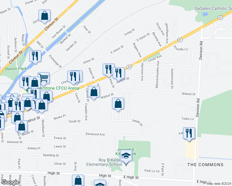 map of restaurants, bars, coffee shops, grocery stores, and more near Walnut St & Vine St in Lockport