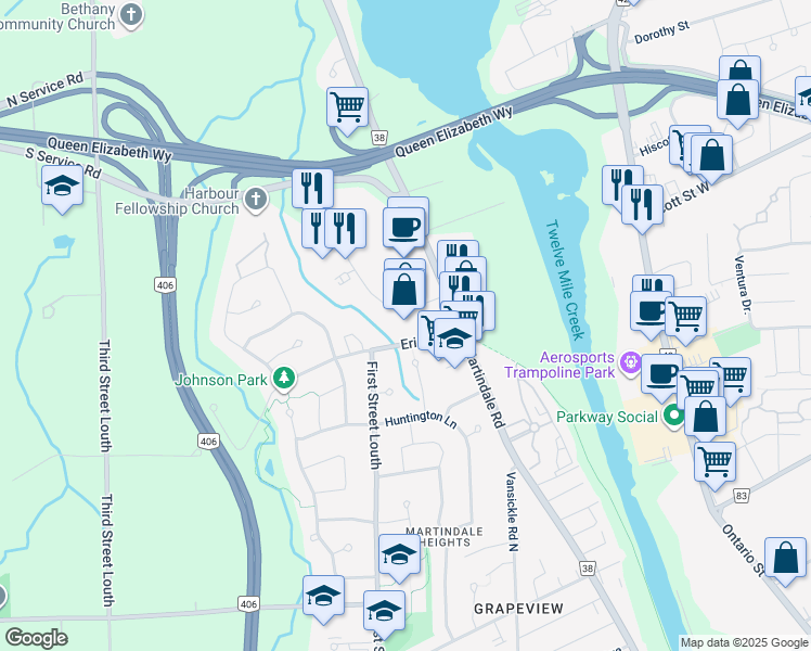 map of restaurants, bars, coffee shops, grocery stores, and more near 23 Hannover Drive in St. Catharines