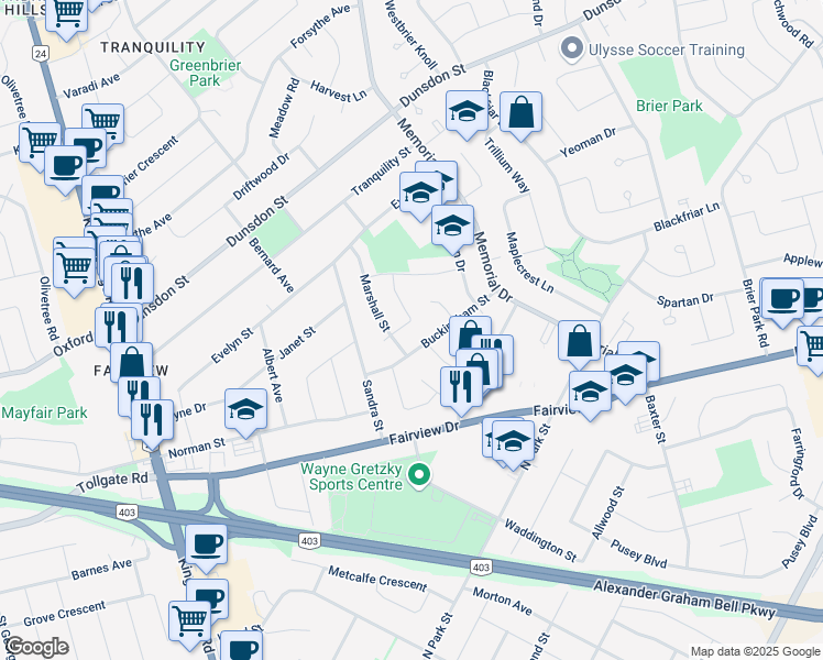map of restaurants, bars, coffee shops, grocery stores, and more near 8 Frontenac Avenue in Brantford