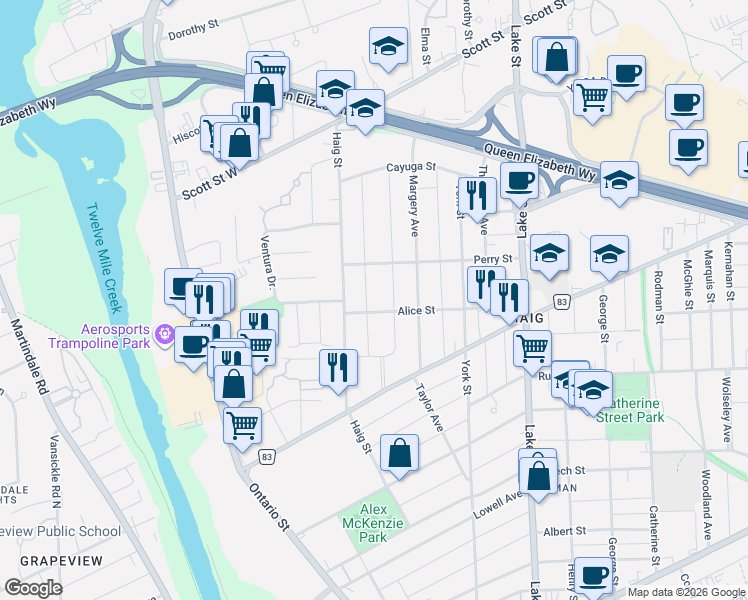 map of restaurants, bars, coffee shops, grocery stores, and more near 16 Longfellow Avenue in St. Catharines