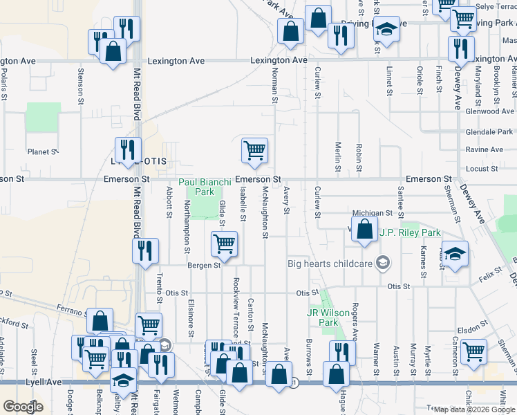 map of restaurants, bars, coffee shops, grocery stores, and more near 407 McNaughton Street in Rochester