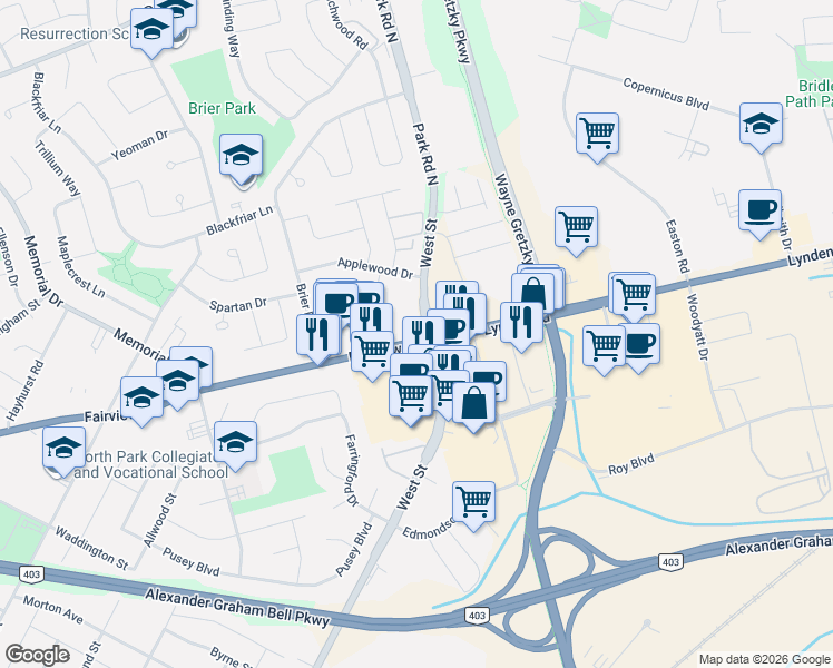 map of restaurants, bars, coffee shops, grocery stores, and more near 640 West Street in Brantford