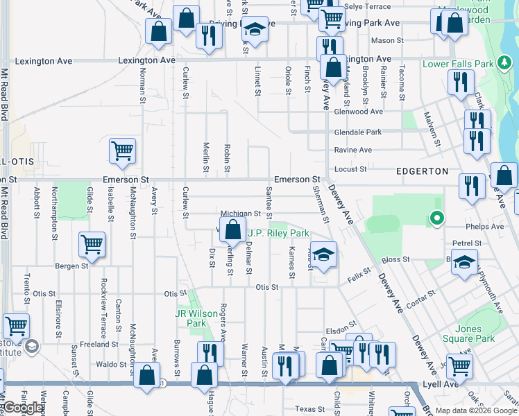 map of restaurants, bars, coffee shops, grocery stores, and more near 101 Curtis Street in Rochester