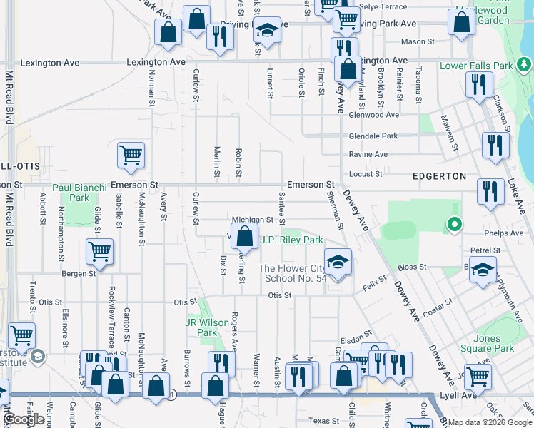 map of restaurants, bars, coffee shops, grocery stores, and more near 163 Curtis Street in Rochester
