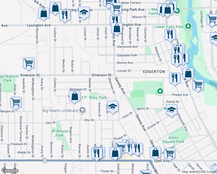 map of restaurants, bars, coffee shops, grocery stores, and more near 1 Curtis Street in Rochester