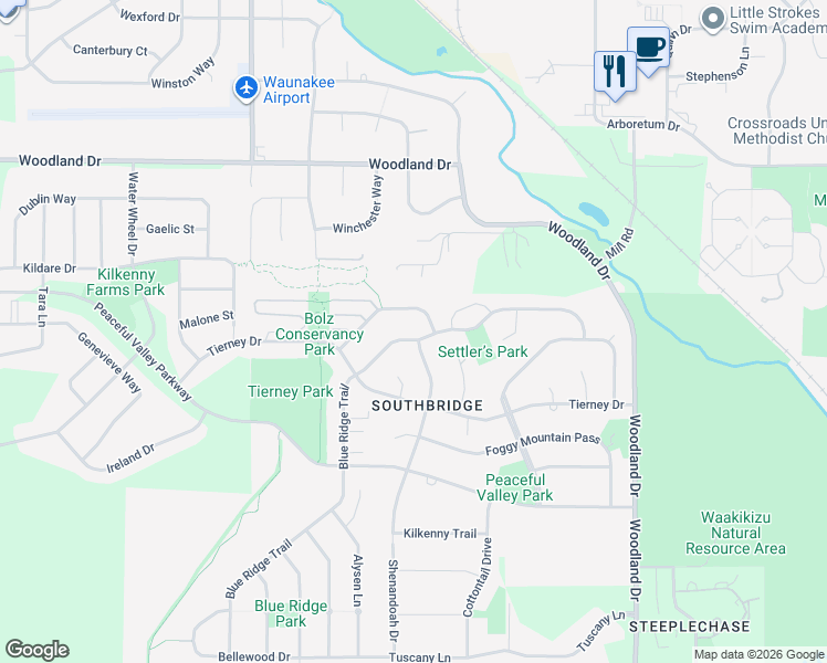 map of restaurants, bars, coffee shops, grocery stores, and more near 1607 Monticello Lane in Waunakee