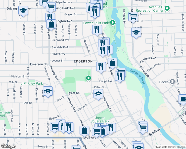 map of restaurants, bars, coffee shops, grocery stores, and more near 34 Backus Street in Rochester