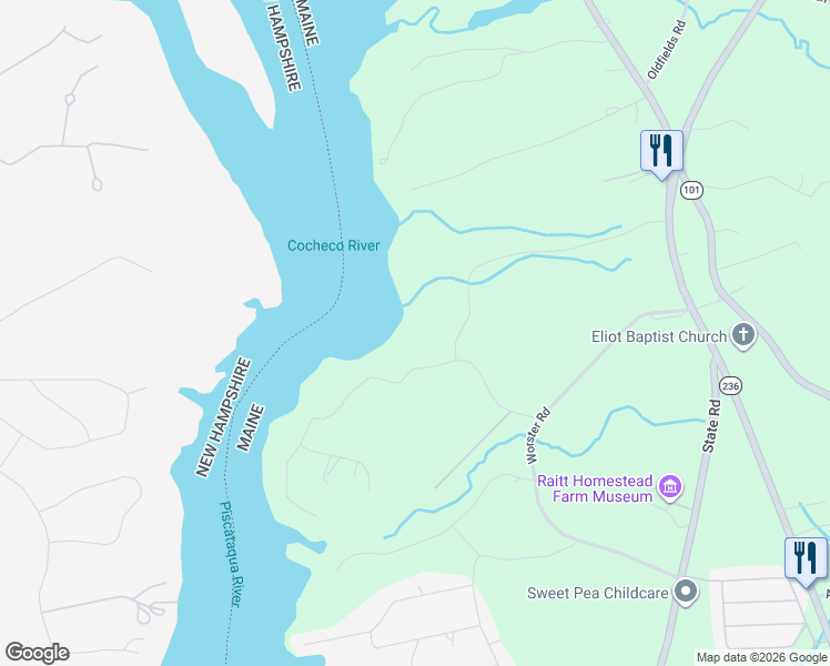 map of restaurants, bars, coffee shops, grocery stores, and more near 23-39 Houde Road in Eliot